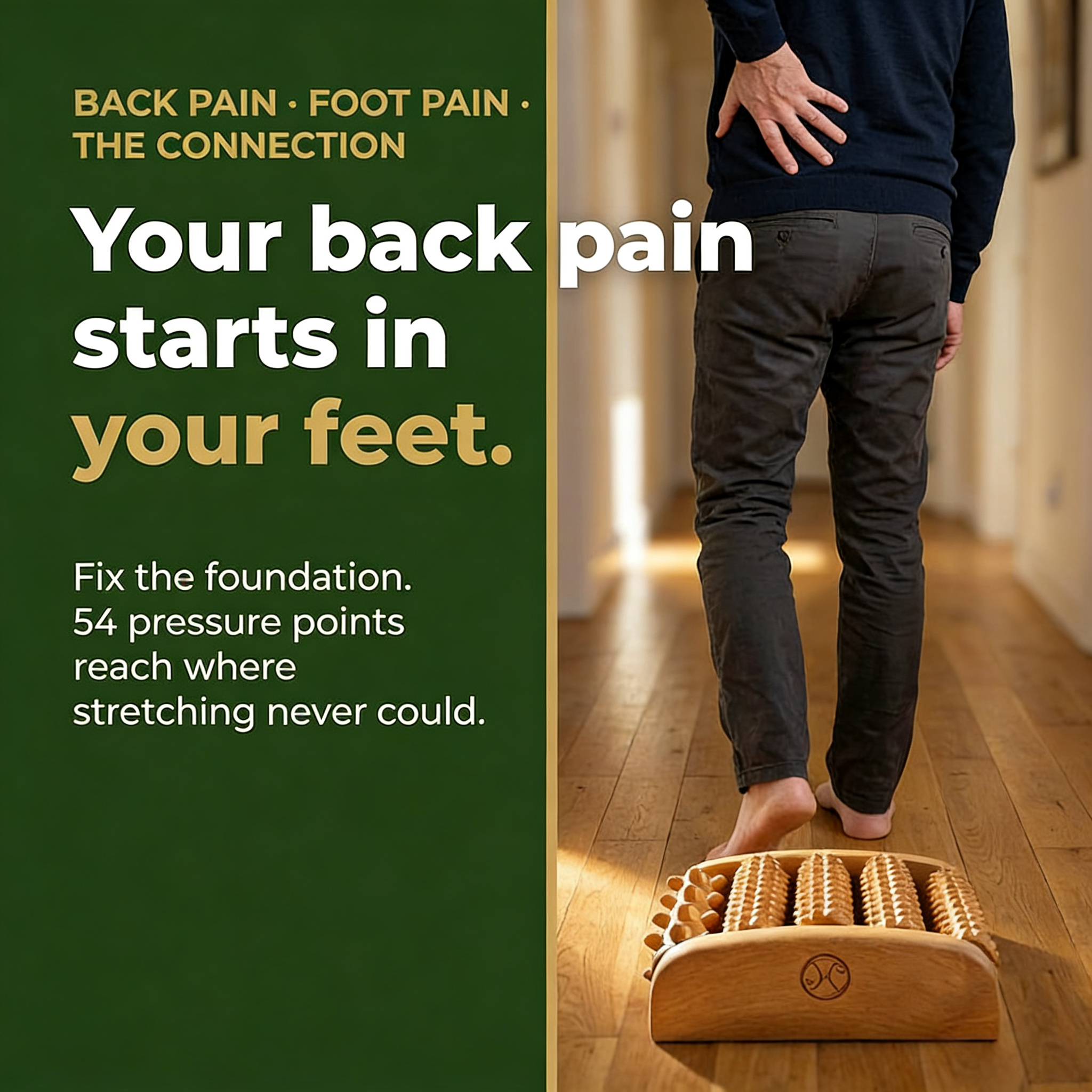 Man standing on FIVOR foot massager with hand on lower back — your back pain starts in your feet