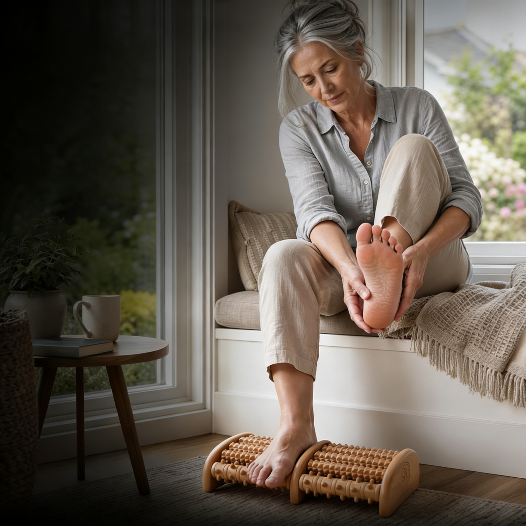 Woman using the FIVOR wooden foot massager