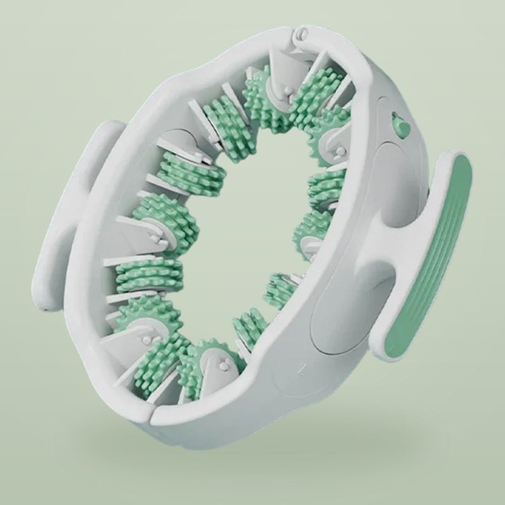 The LiftFlow™ manual roller: a white ring with textured green silicone rollers around the inside and two handles